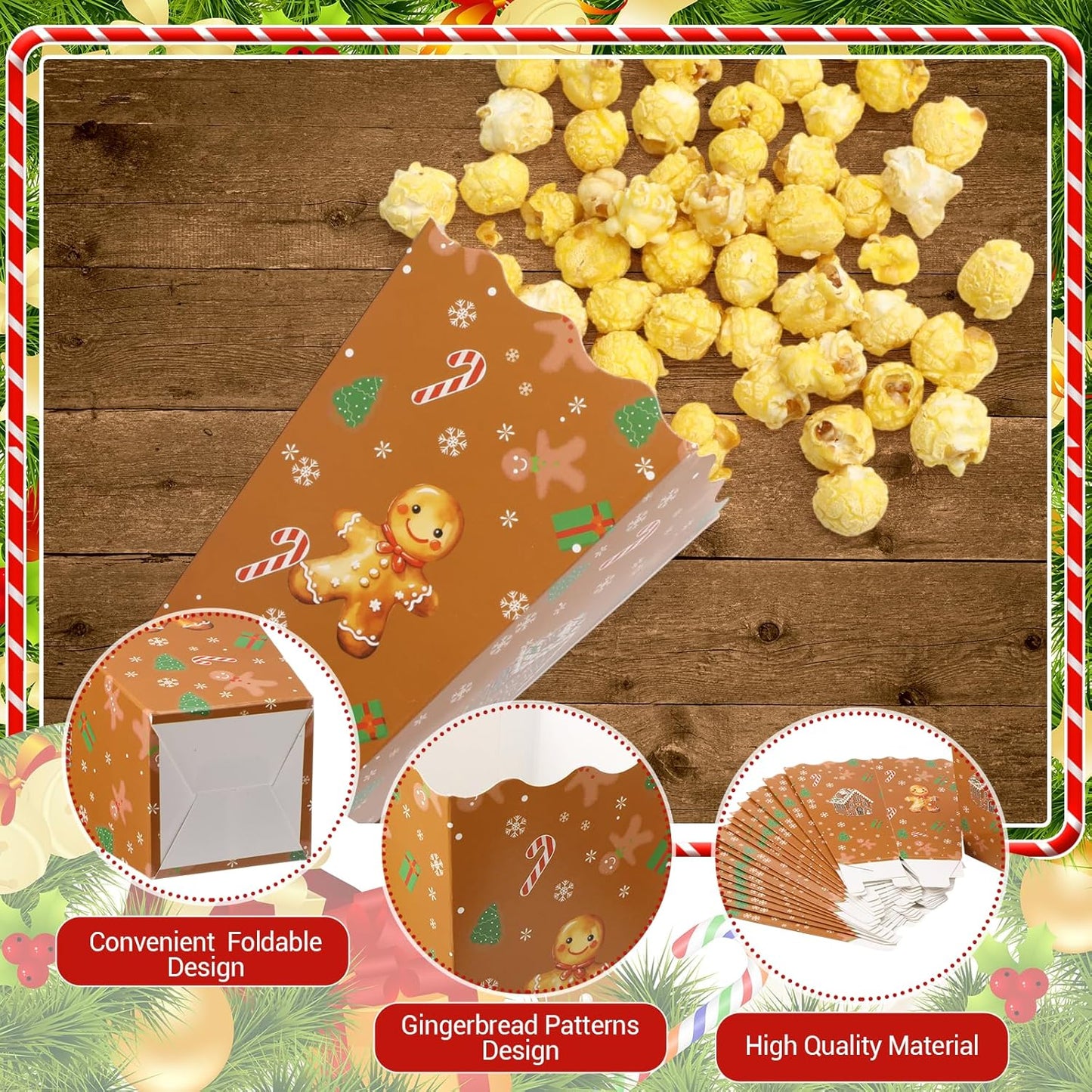 Faccito 24 Pcs Christmas Popcorn Boxes Brown Gingerbread Popcorn Boxes Christmas Paper Snow House Buckets Snack Containers Holiday Case for Xmas Party Gingerbread House Party Favors Supplies