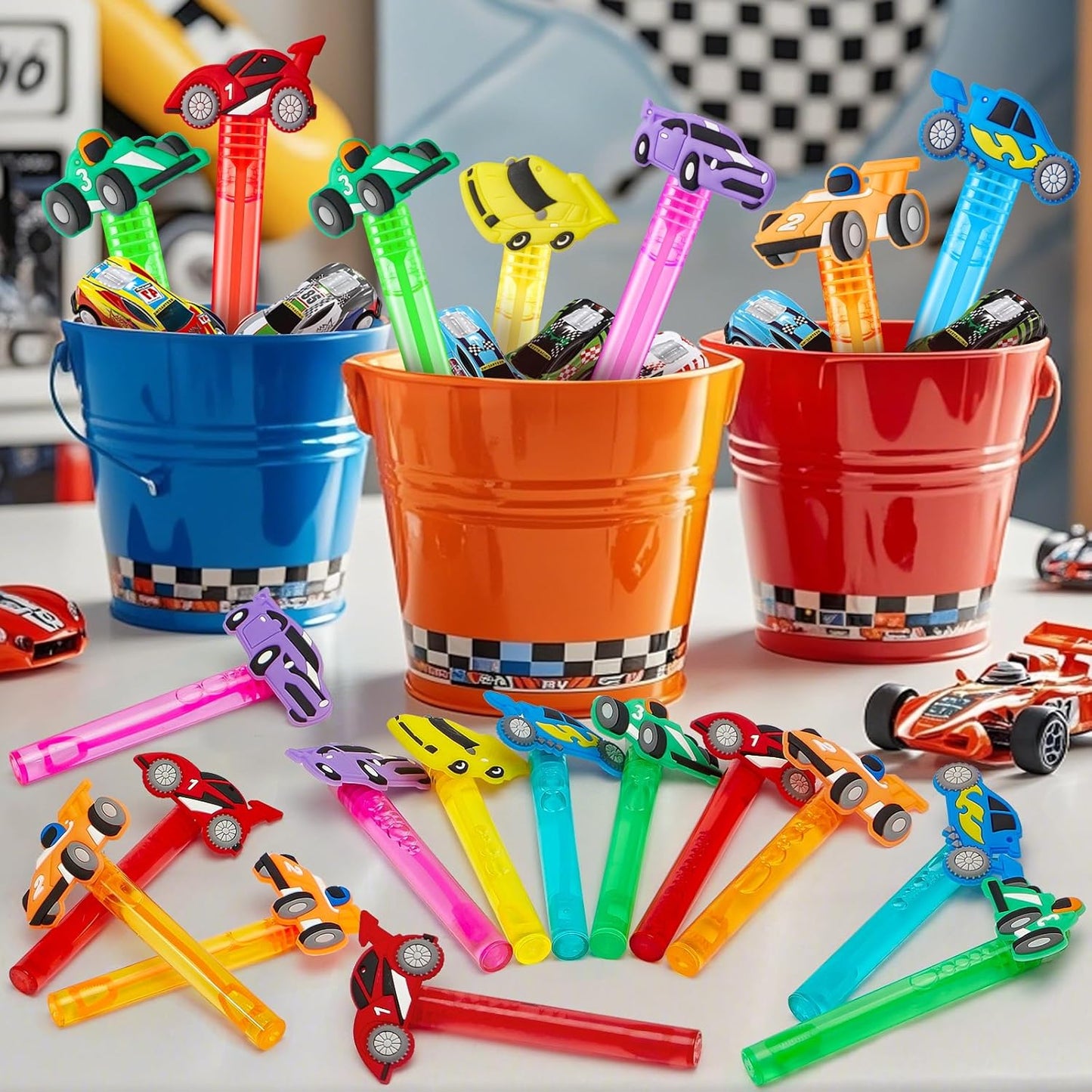 Winrayk Race Car Party Favors, 24Pcs Cars Themed Mini Bubble Wands for Kids Bubbles Bulk with Detachable Topper (6 Styles & Colors), Summer Pool Beach Birthday Supply Goody Bag Stuffer Classroom Prize