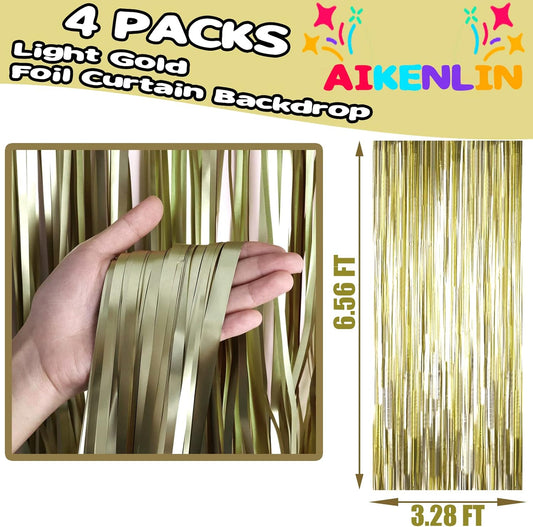 4 Pack 3.3Ft x 6.6Ft Light Gold Foil Fringe Curtain Backdrop, Metallic Tinsel Foil Fringe Streamers Curtains Background for Photo Booth, Birthday, Wedding, Halloween, Christmas Party Decoration