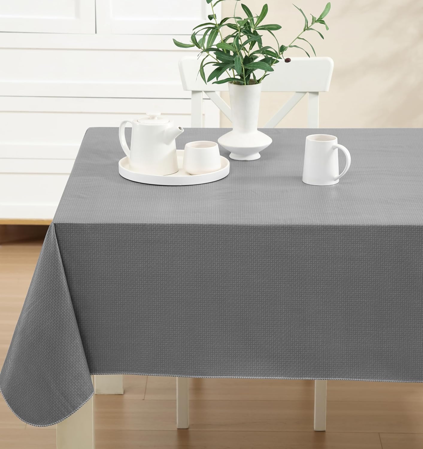Newbridge Basketweave Vinyl Flannel Backed Tablecloth, 52 x 52 Inch Square, Grey, Basket Weave Textured Indoor Outdoor Waterproof Table Cover for Patio, Kitchen, Dining