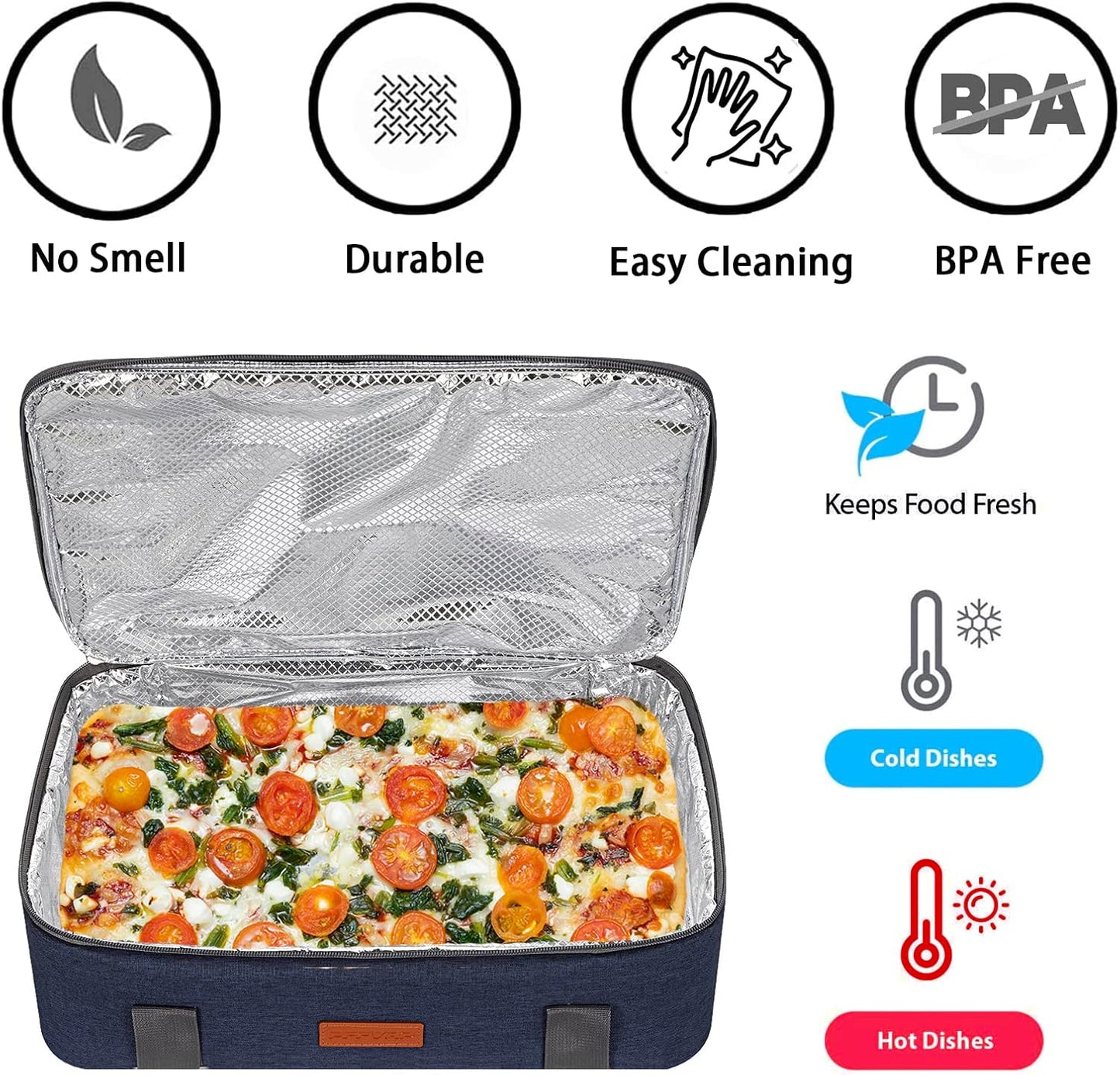 Insulated Casserole Carrier for Hot or Cold Food, Reusable Insulated Food Carrier for Potluck Parties, Picnic, Cookouts, Fits 11 x 15 or 9 x 13 Lasagna Pan, Casserole Dish, Baking Dish (Blue)