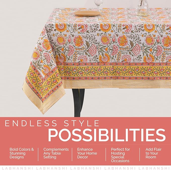 Labhanshi Indian Block Print Floral Table Cloth|Cotton 6-Seater 60x90 Inch Rectangle Washable Dinner Picnic Table Cloth|Cocktail Parties Wedding Spring Easter Table Decor|White Marigold