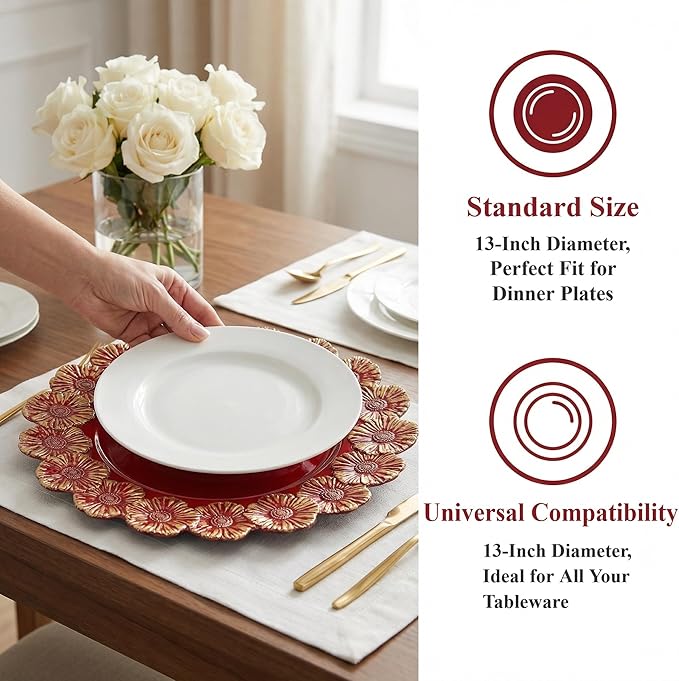 Red Charger Plates with Flower Rim, 13" Round Charger for Dinner Plates, Set of 6 Plastic Plate Chargers for Halloween, Thanksgivng, Christmas.
