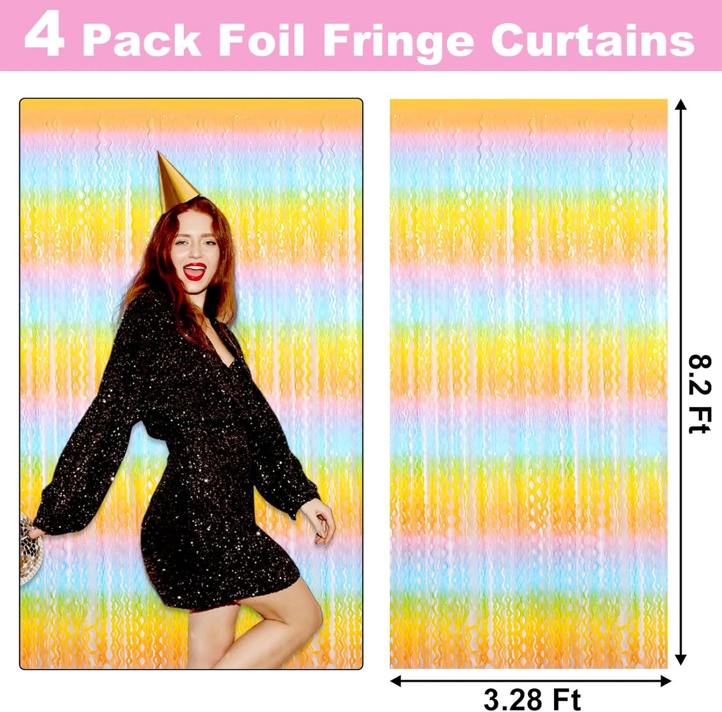 4 Pack Light Rainbow Fringe Curtain Backdrop 3.2Ft x 8.2Ft Metallic Tinsel Foil Fringe Streamers Background for Photo Booth Mother's Day, Easter, Carnival, Birthday, Wedding Party Decoration