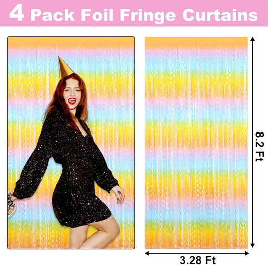 4 Pack Light Rainbow Fringe Curtain Backdrop 3.2Ft x 8.2Ft Metallic Tinsel Foil Fringe Streamers Background for Photo Booth Mother's Day, Easter, Carnival, Birthday, Wedding Party Decoration