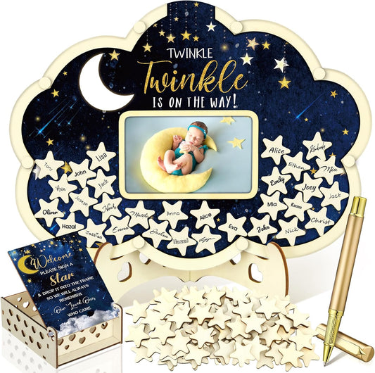Wenqik 63 Pcs Moon and Star Baby Shower Guest Book Alternatives Set Baby Shower Decorations with Photo Frame Sonogram Frame Keepsake 60 Wood Slices Guest Book for Birthday