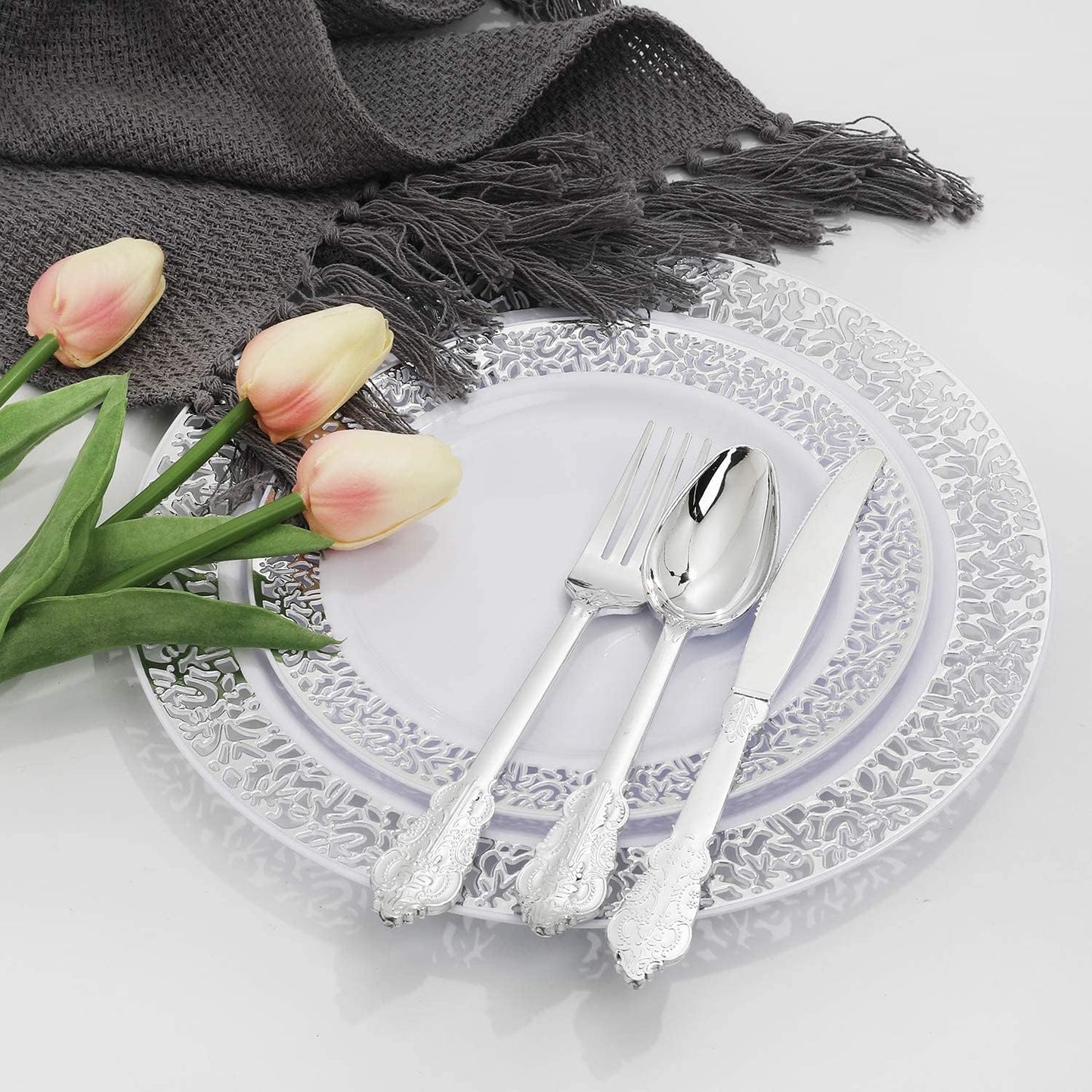 supernal 100pcs Silver Plastic Plates10.25 For Big Party Lace White Plastic Plates with Silver Rim Disposable Dinner Plates Heavy Duty for Party Wedding Birthday