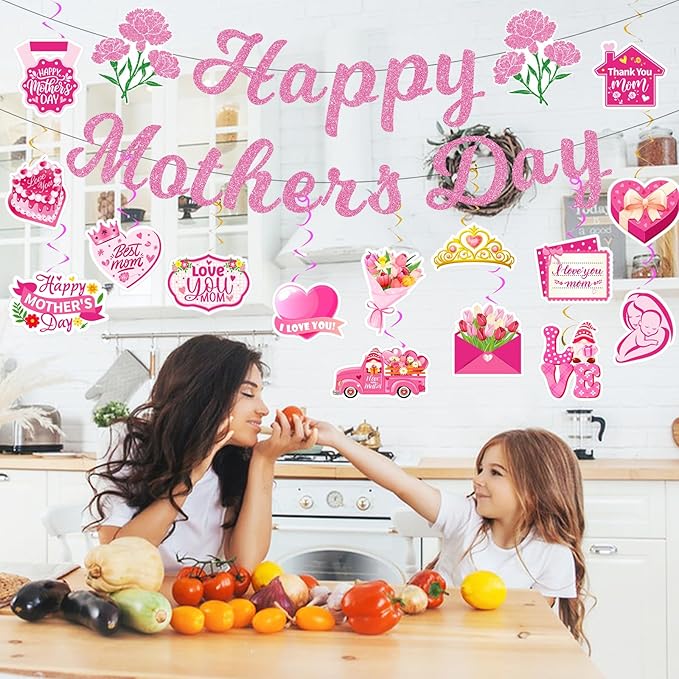 Mother’s Day Decorations Set – Happy Mother’s Day Banner with Floral Garland, Hanging Swirls, and Heart & Flower Cutouts for Mother’s Day Party, Home Décor, and Photo Backdrop
