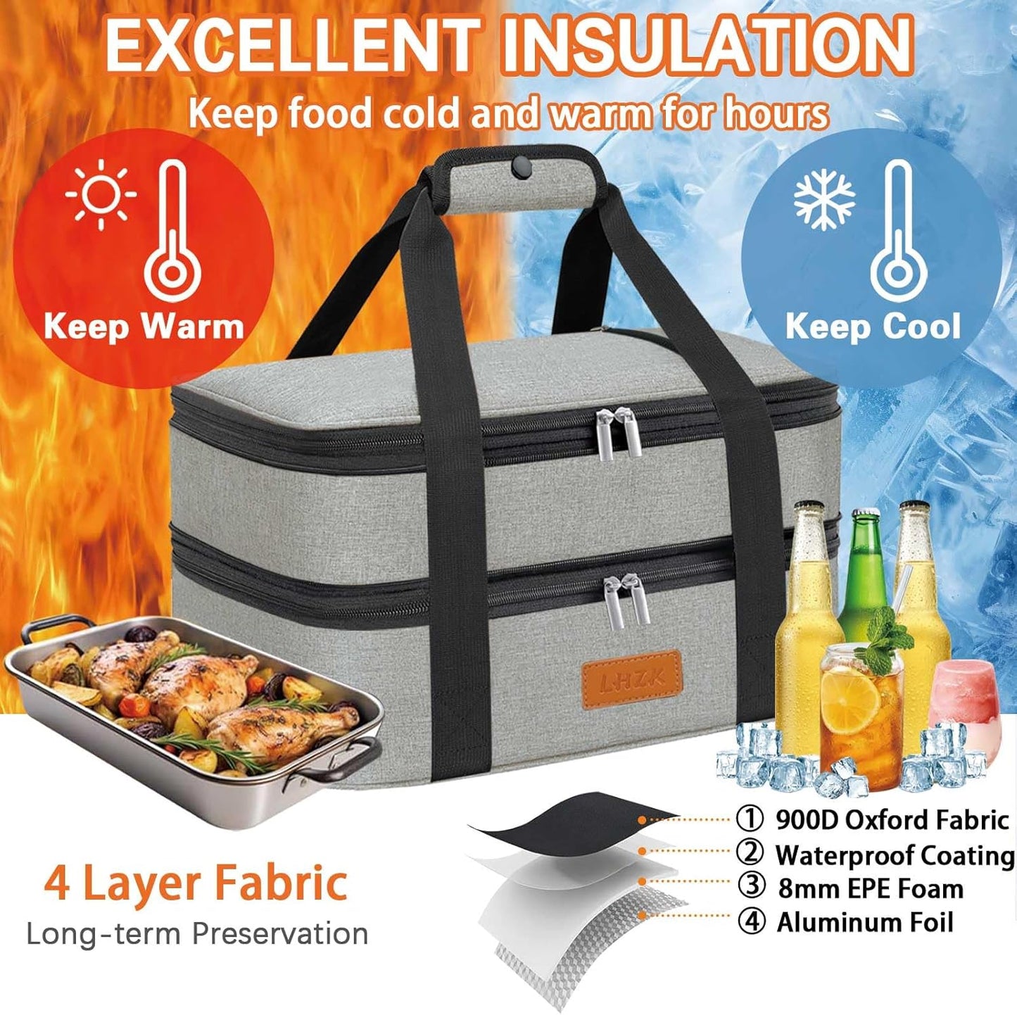 LHZK Double Insulated Casserole Carrier for Hot or Cold Food, Lasagna Holder Tote for Potluck Parties, Beach, Picnic, Travel, Fits 11x15 or 9x13 Dish (Grey)