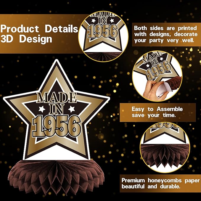 DARUNAXY 70th Birthday Party Decorations for Men Women, Vintage Back in 1956 Banner, Black 70 Number Balloons & Cake Topper, Vintage 1956 70 Birthday Honeycomb Hanging Swirl Confetti Balloons(30PC)