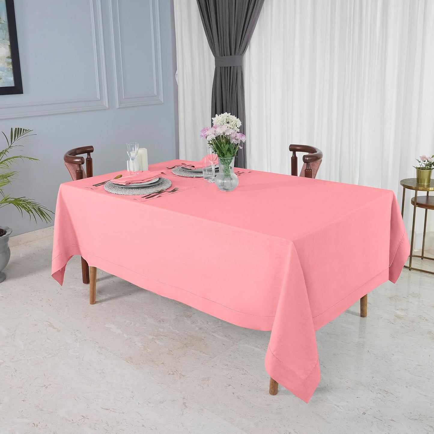 D'Moksha Homes Dusty Pink Linen Tablecloth 60 x 108 Inch - 100% Pure Linen Pink Table Cloth for Rectangle Tables - Classic Hemstitch, Machine Washable Tablecloth for Fall, Autumn and Halloween