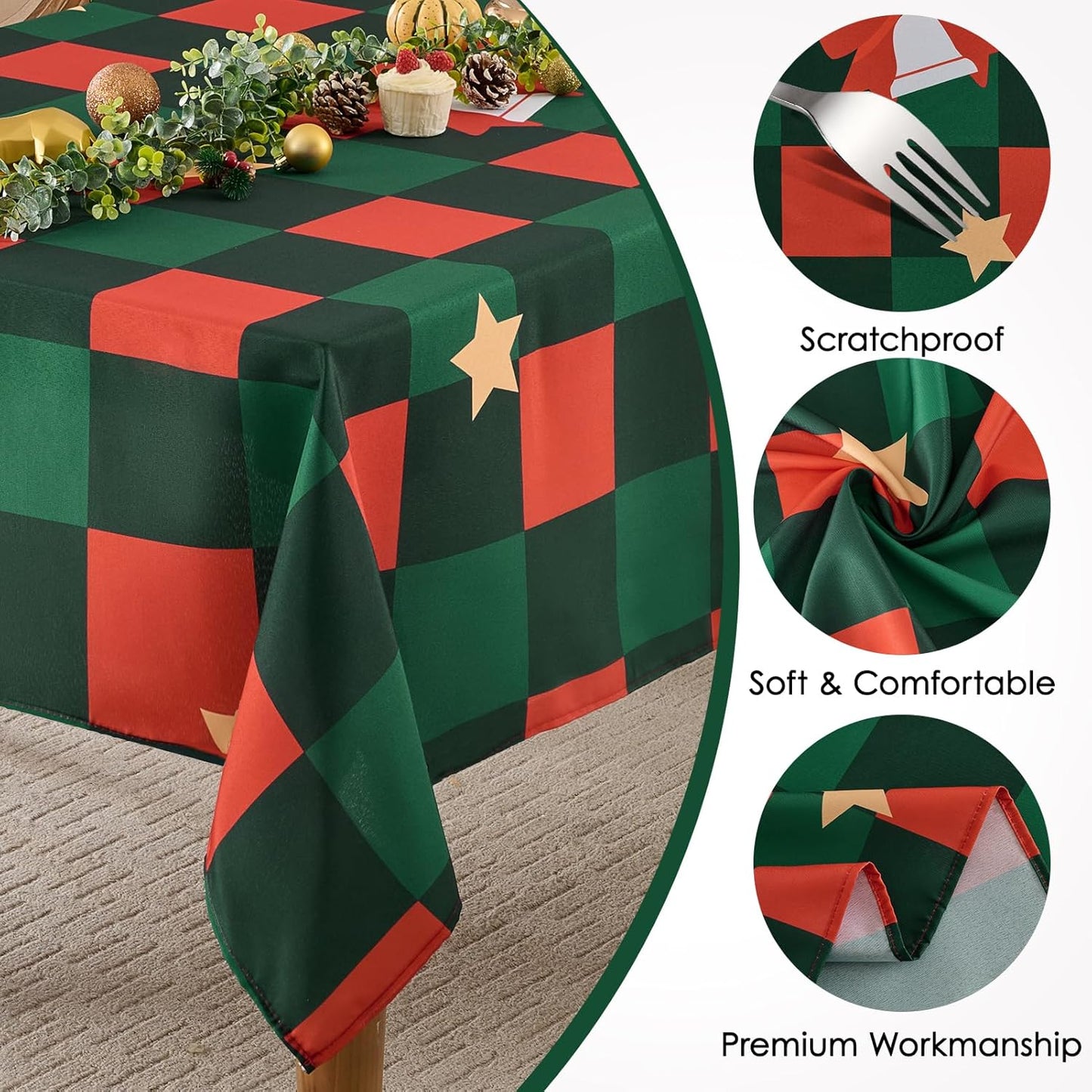 Christmas Tablecloth Rectangular 60x102 Inch Waterproof, Machine Washable Checkered Polyester Table Cover for Xmas Party, Winter Holiday Home Decoration in Festive Checkered Star 1pack