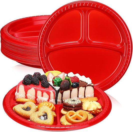 50 Pcs 10 Inch Plastic 3 Compartment Divided Plates Heavy Disposable Plates Duty Round Dinner Plates with Dividers for Wedding Birthday Party Dinnerware(Red)