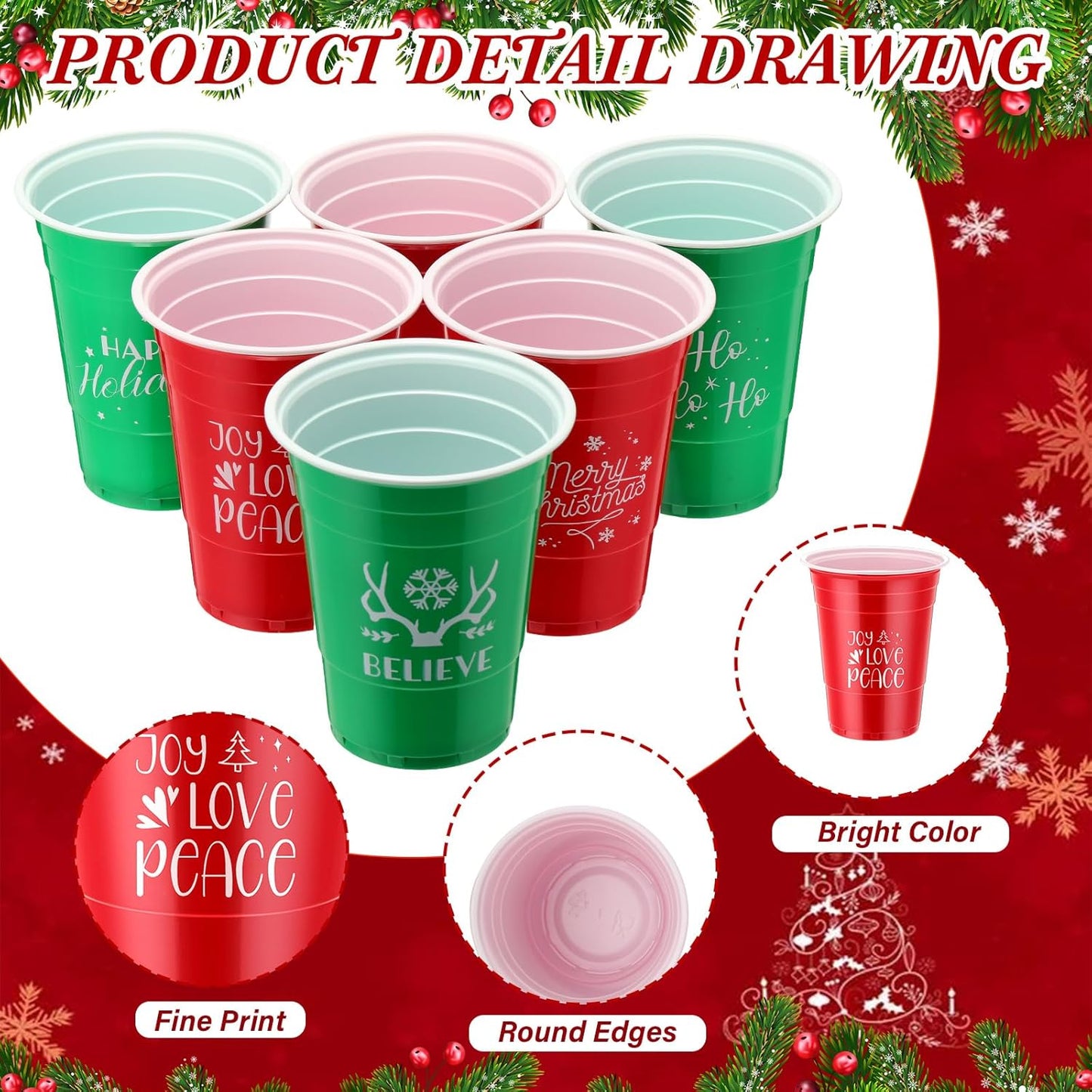 Sliner 60 Pcs 16 oz Christmas Plastic Disposable Cups Bulk Snowflake Elk Star Christmas Tree Drinking Cups for Xmas Birthday Party Supplies