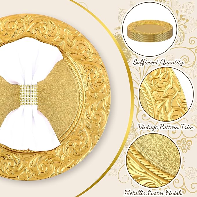 Uiifan 24 Pcs Antique Charger Plates Bulk 13'' Plastic Plate Chargers Decorative Embossed Rim Round Plates for Wedding Party Event Dinner Kitchen Table Setting Decoration (Gold)