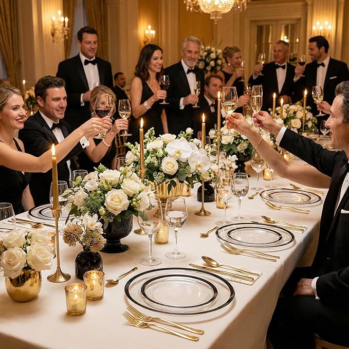 supernal Elegant Disposable Plates, 120-Pack Black Plastic Plates, Clear and Black Heavy Duty BPA-Free Plastic Dinnerware Set for 60 Guests Perfect for Wedding, Upscale Parties & Catering