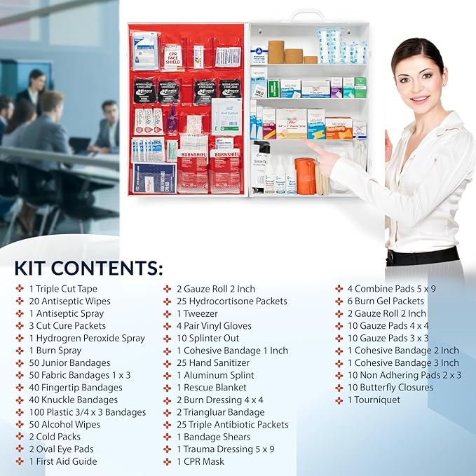 MFASCO 4 Shelf Commercial First Aid Kit, Type I & II, 2021 OSHA Approved,ANSI Z308.1-2021 Compliant, 528 pcs Latex-Free, Wall Mount Cabinet,No Medications,Easy Refilling Instructions, with Tourniquet