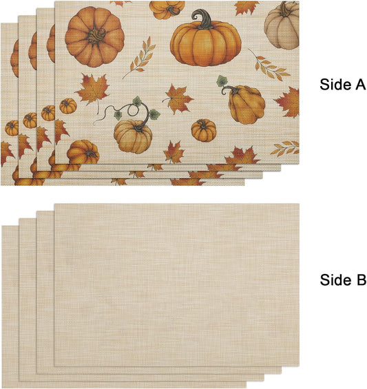 Thanksgiving Placemats Set of 6 Fall Table Mats Pumpkin Maple Leaves Table Mats Washable Non-Slip Heatproof Woven Placemats for Dining Table (17.7" X 11.8")