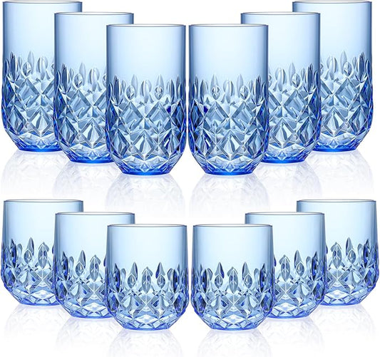 Acrylic Drinking Glasses Set of 12 Blue Mixed Drinks Glassware Unbreakable Palstic Tumbler and Rocks Glass Set 6pcs 18oz Highball and 6pcs 12 oz Cocktail Glasses for Cocktail Iced Coffee Beer Whiske