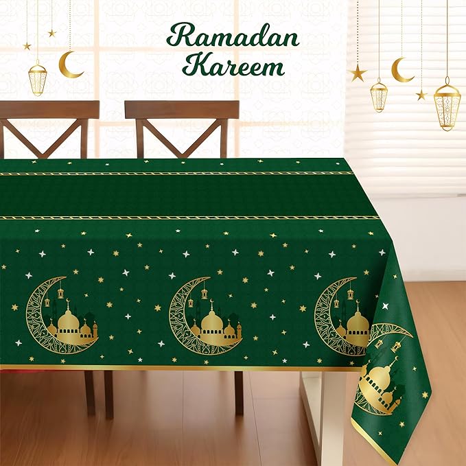 Childom 3 Pack Ramadan Table Cloth,Ramadan Decorations for Home,54" x 108" Eid Mubarak Decorations,Eid Ramadan Tablecloths Rectangular,Green Plastic Table Cloth Disposable Table Cover for Party Favors