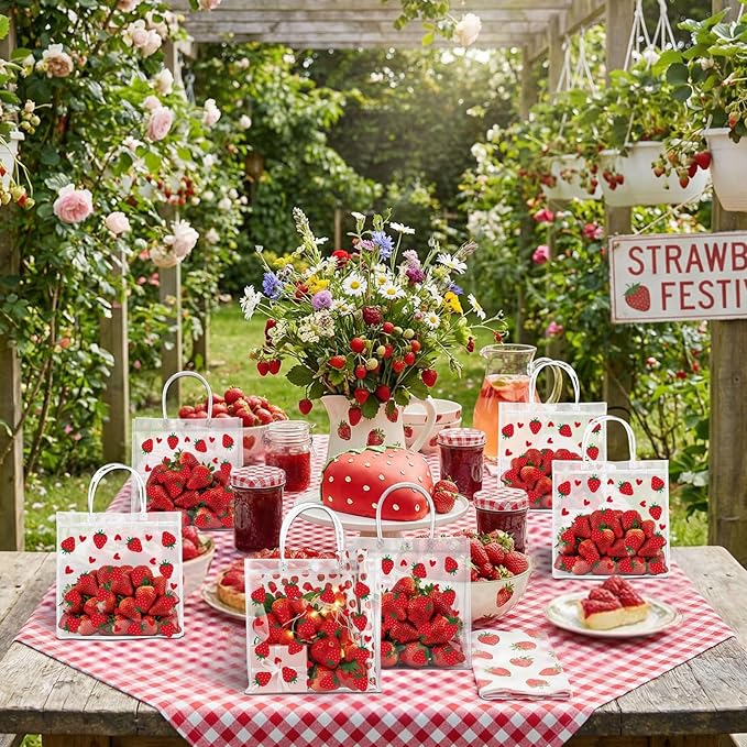 Kacctyen 24 Pcs Gift Bags for Party Favor Clear Goodie Bags with Handle 7.87 x 7.87 x 3.15 Return Gift Wrap Totes for Guests Treat Candy Wrapping(Strawberry)