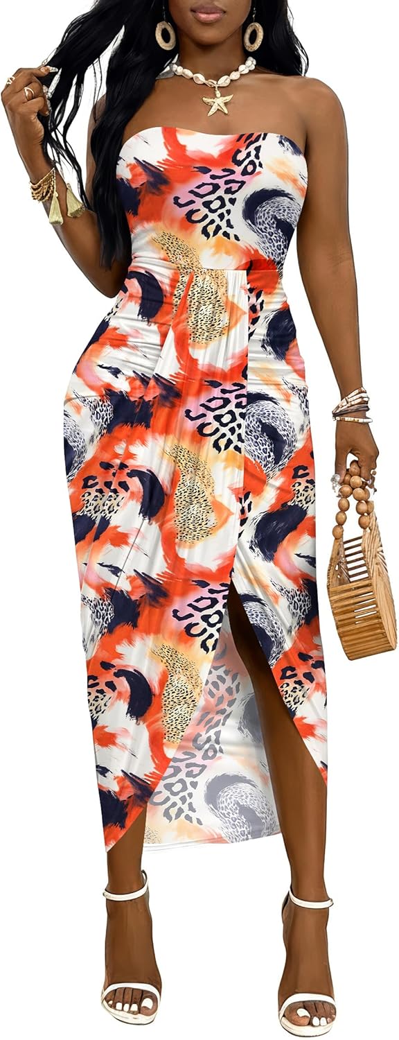 Umenlele Women's Strapless Ruched High Waist Wrap Split Asymmetrical Beach Maxi Long Dress