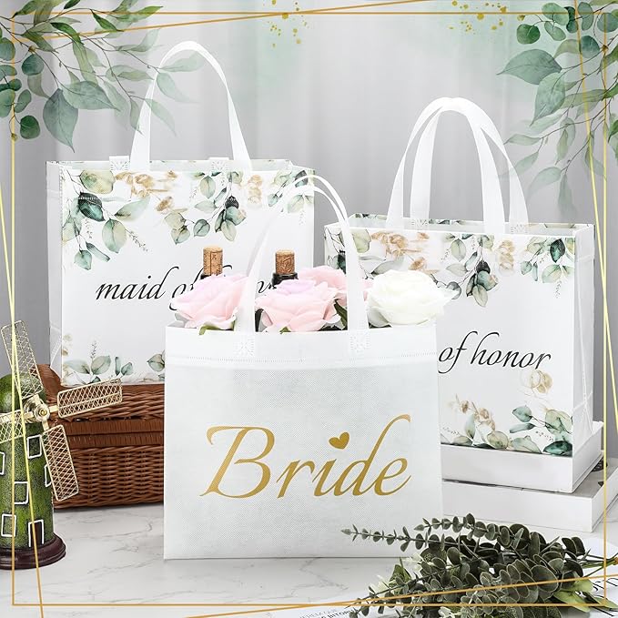 Set of 12 Greenery Eucalyptus Bridesmaid Tote Bags Large Reusable Bridal Shower Gift Bags with Handle for Wedding Bridal Shower Proposal Bachelorette Supplies 11.8 x 3.9 x 9.8 Inch