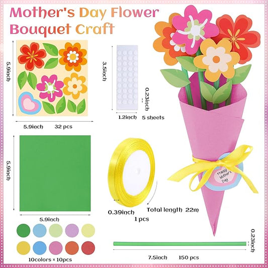 FULAIERGD 32 Set Mother's Day Flower Bouquet Paper Craft Kit-Mother's Day DIY Make Your Own Flower Bouquet for Party Activities Mom Teacher Appreciation Week Valentine Gift