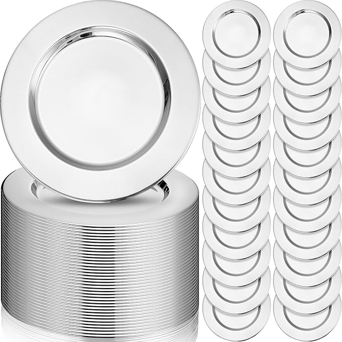 Vesici 50 Pcs Silver Stainless Steel Charger Plates 13 Inch Round Metal Charger Plates Bulk Mirror Elegant Charger Luxury Table Decor for Wedding Dinner Party