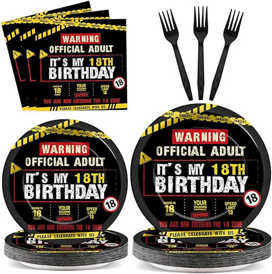 96 PCS Caution Logos 18th Birthday Party Paper Plates and Napkins 18 Years Old Party Decoration Warning Themed Official Adult 18th Dinnerware for Boys Girls 18 Year Old Birthday Gatherings Decorations