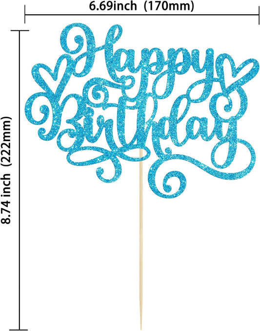 Gyufise 1Pcs Happy Birthday Cake Topper Glitter Cake Pick for Celebrating Anniversary Party Cake Decorations Lake Blue