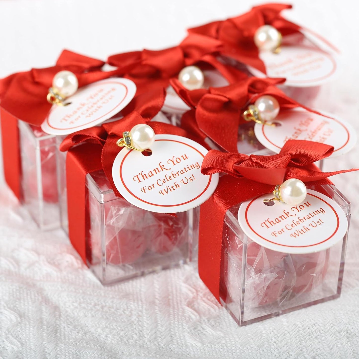 ACITHGL 30 Sets Small Bubble Candle Wedding Candles Favors for Guests Bulk Bridal Shower Favors Candles with Stylish Ribbons Thank You Cards Gifts (Shimmering Red)