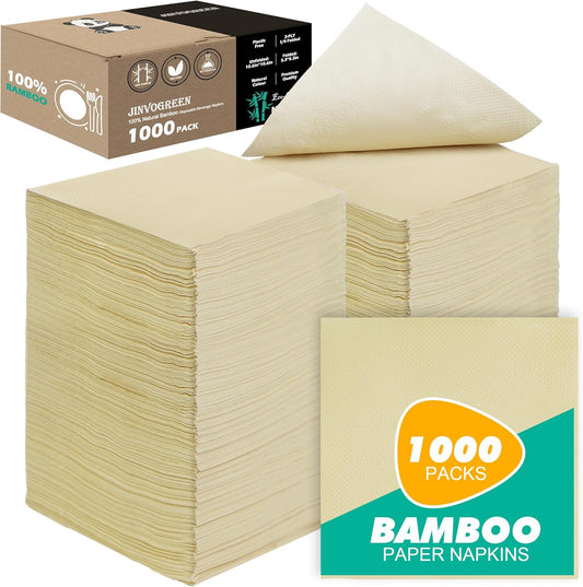 1000 Count Bamboo Cocktail Napkins Disposable 2-Ply 5.3 x 5.3 Inch Folded, Eco friendly Compostable Beverage Paper Napkins Bulk for Bars, Lunch, Parties, Restaurant and Everyday Use