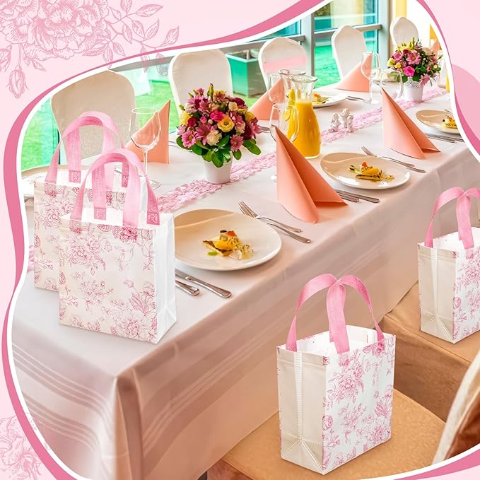 Sweetude 16 Pcs Mother's Day Pink Floral Gift Bags with Handle Flower Non-woven Reusable Tote Bags for Wedding Birthday Baby Shower Party Favor Easter