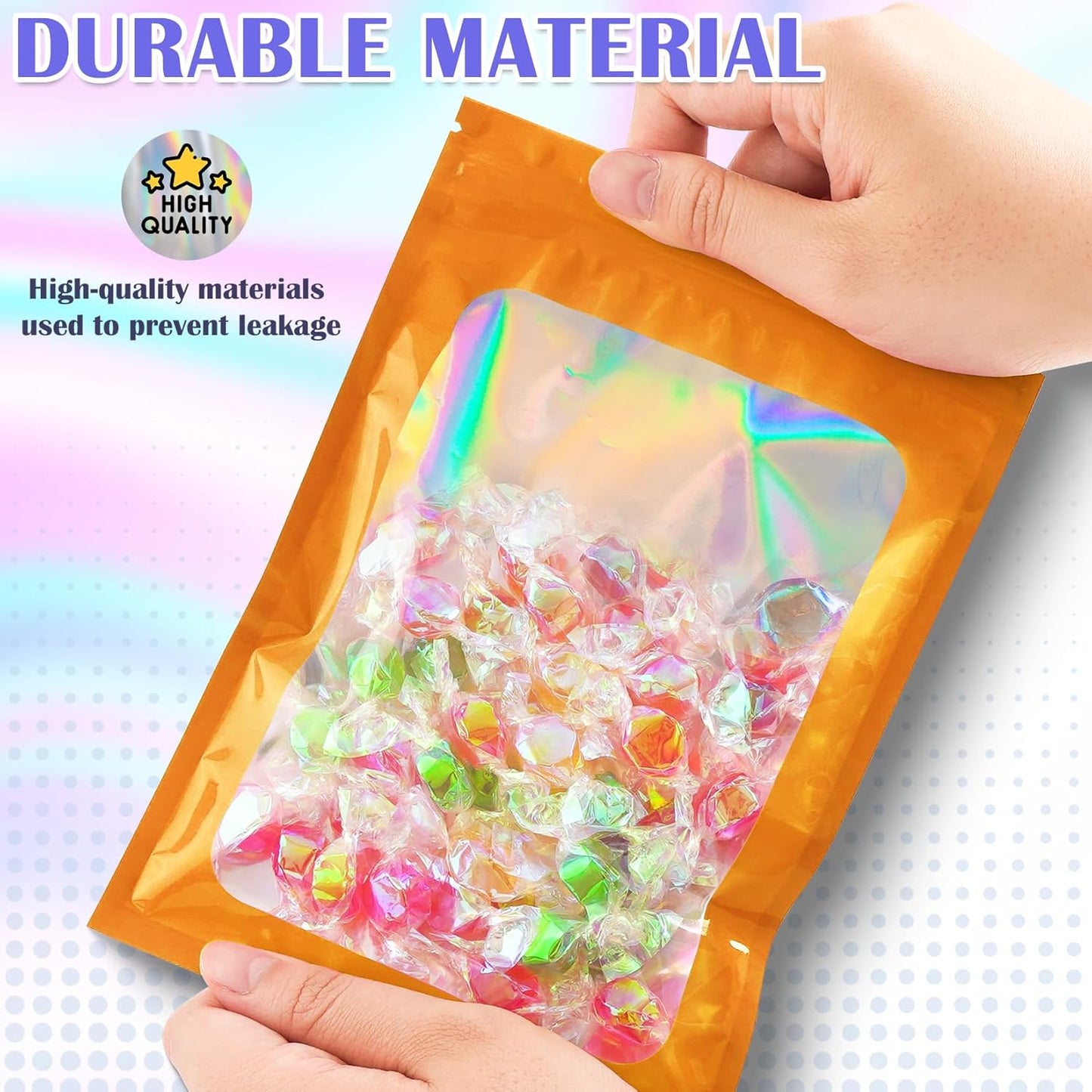100 Pcs Mylar Bags, Smell Proof Bags Foil Pouch, Holographic Resealable Bags for Small Business, Candy Sample Jewelry Bag Sealable Packaging for Party Favor Food Storage (3x5in-Orange)
