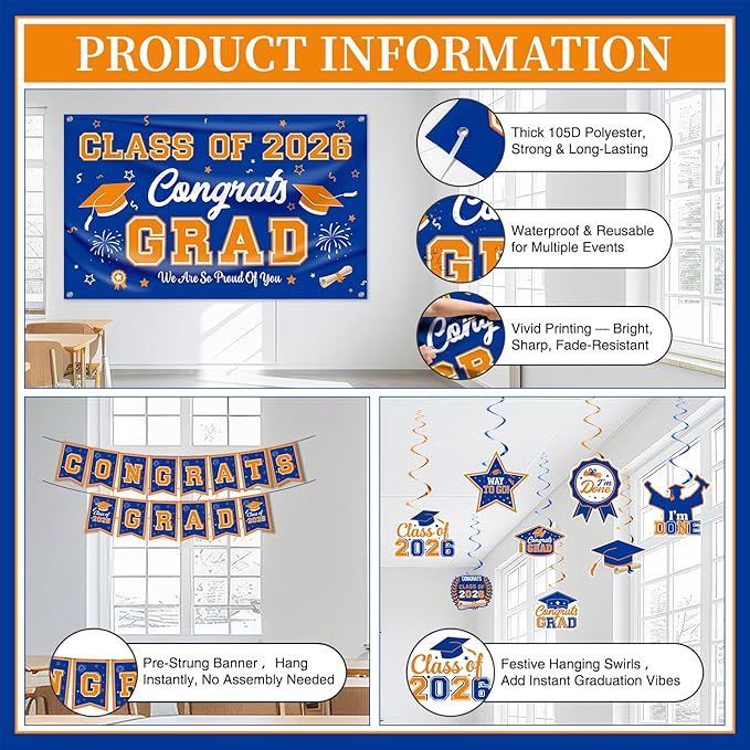 Graduation Decorations Class of 2026 Blue and Orange Graduation Party Decor Set include Congrats Grad Banner Backdrop Class of 2026 Balloons Party Supplies