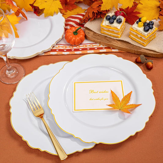 WDF 60pcs Gold Plastic Dinner Plates -10.25inch Baroque White and Gold Plates Fancy Heavy Duty Fall Plastic Plates for Upscale Thanksgiving Parties & Wedding & Birthday