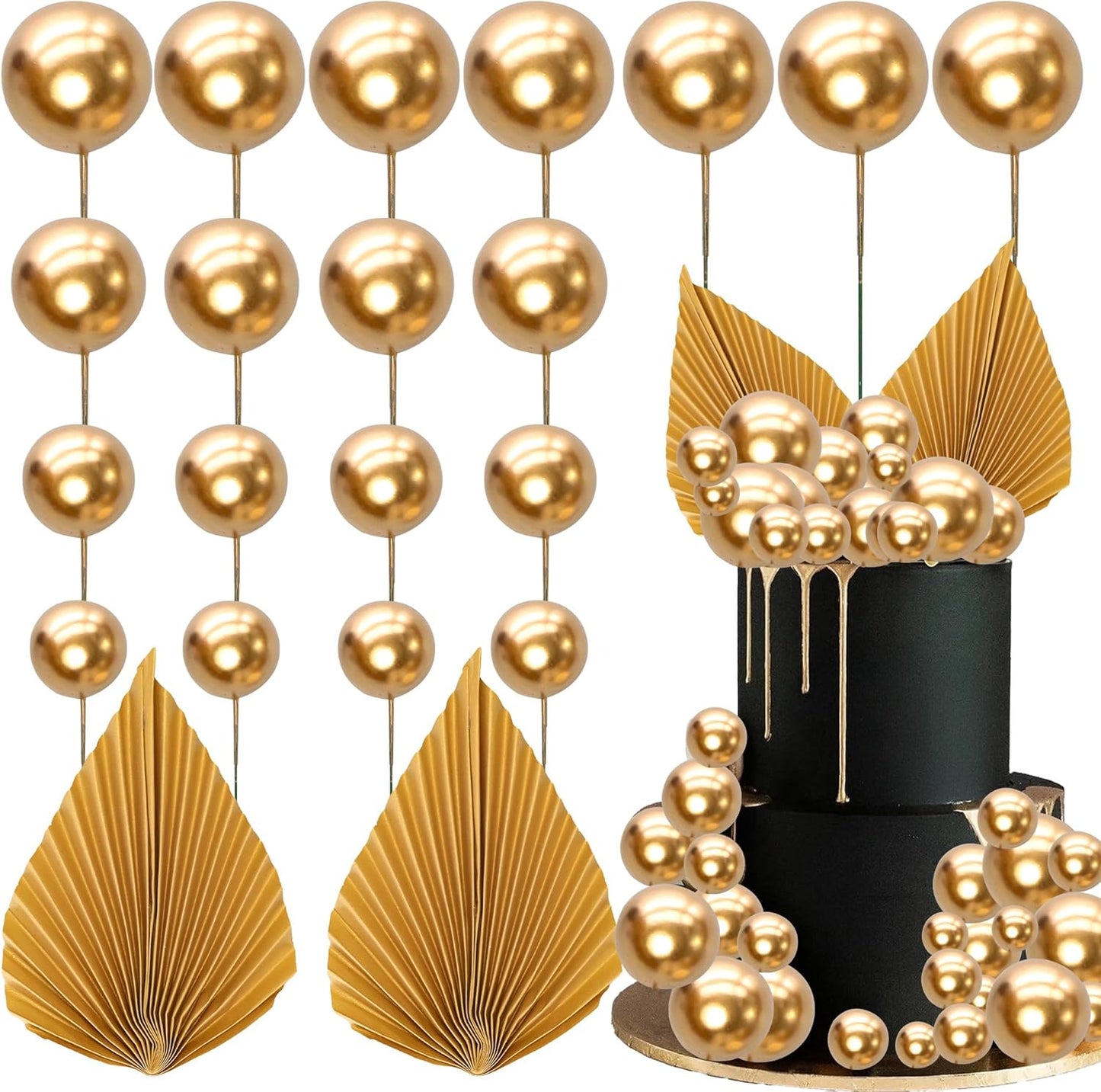 Ephlyn 28Pcs Paper Palm Fan Cake Topper Balls Cake Pick for Baby Shower Wedding Bridal Shower Birthday Party Cake Decorations Supplies Gold