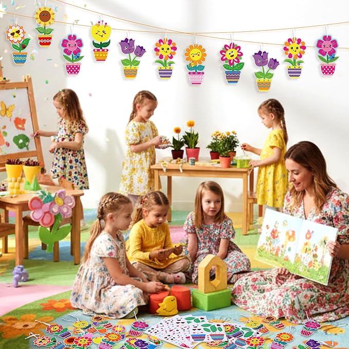 Frienda 48 Set Spring Flower Craft Kit for Kids Make Your Own Flowers Pot Craft DIY Floral Paper Flowers Hanging Ornament Decorations for Mother's Day Spring Gifts Classroom Birthday Party Favors
