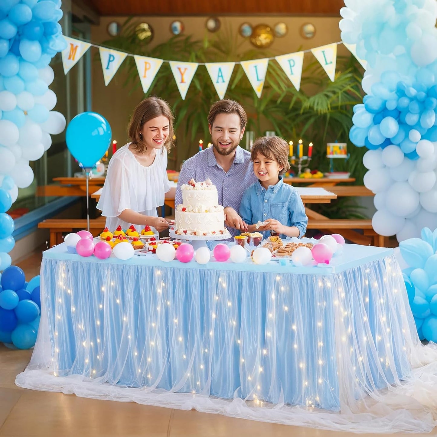 17FT Baby Blue Tulle Table Skirt for Rectangle or Round Tables Baby Blue Tutu Table Skirt with LED Lights for Princess Birthday Party Baby Shower Gender Reveal Wedding Banquet Cake Dessert Decorations