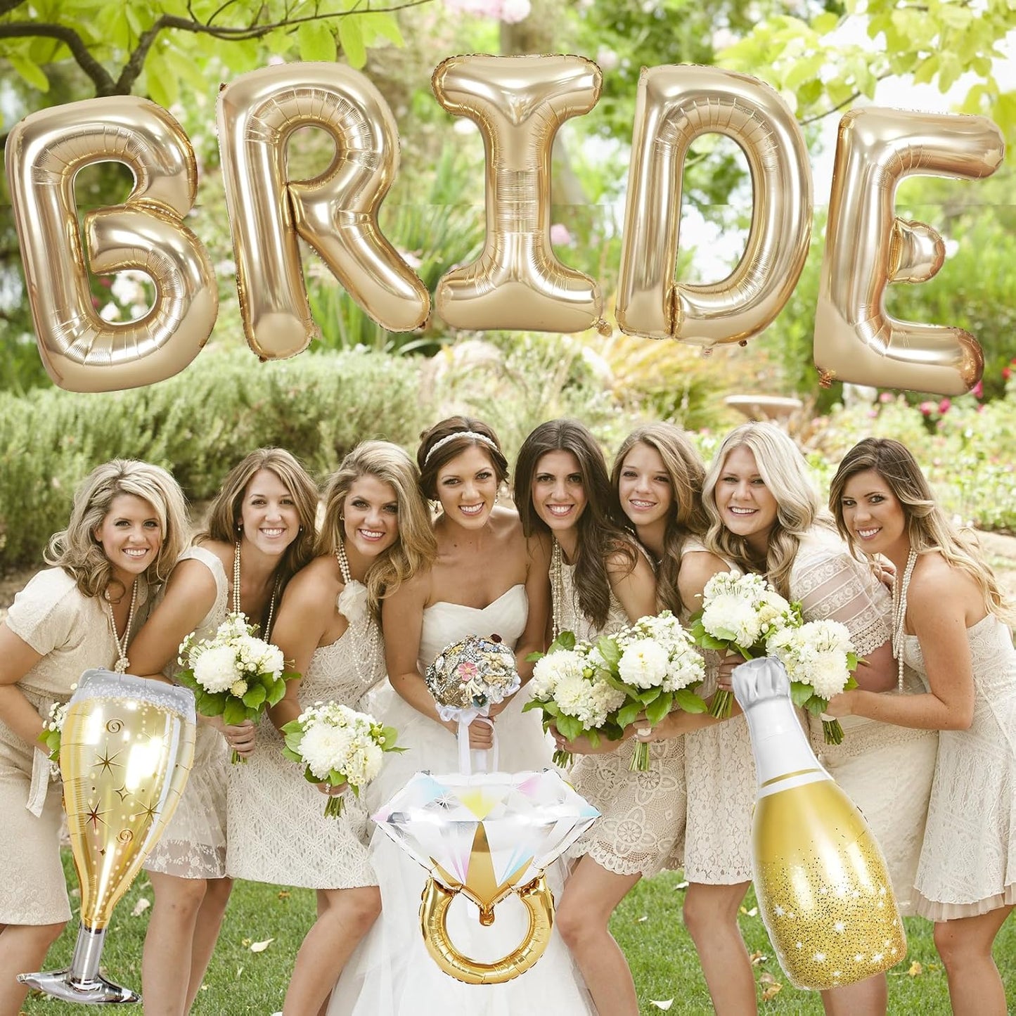 40inch Bride Balloons Light Gold Letters Banner, Bachelorette Party Decoration Set with Diamond Ring Champagne Bottle Balloon Glass Foil Balloon for Bachelorette Engagement Wedding Bridal Shower Decor
