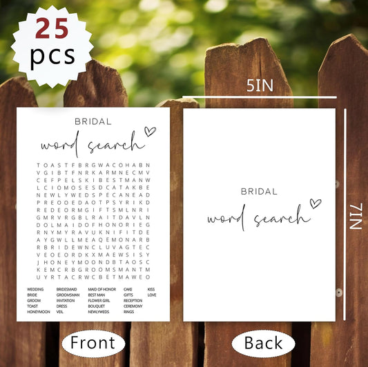 Bridal Shower Games, Word Search, 25Pcs Minimalist White Double-Sided Bridal Game Cards with 1 Answer Key, Wedding Shower Games for Guests, Engagement Bachelorette Party Supplies - A05