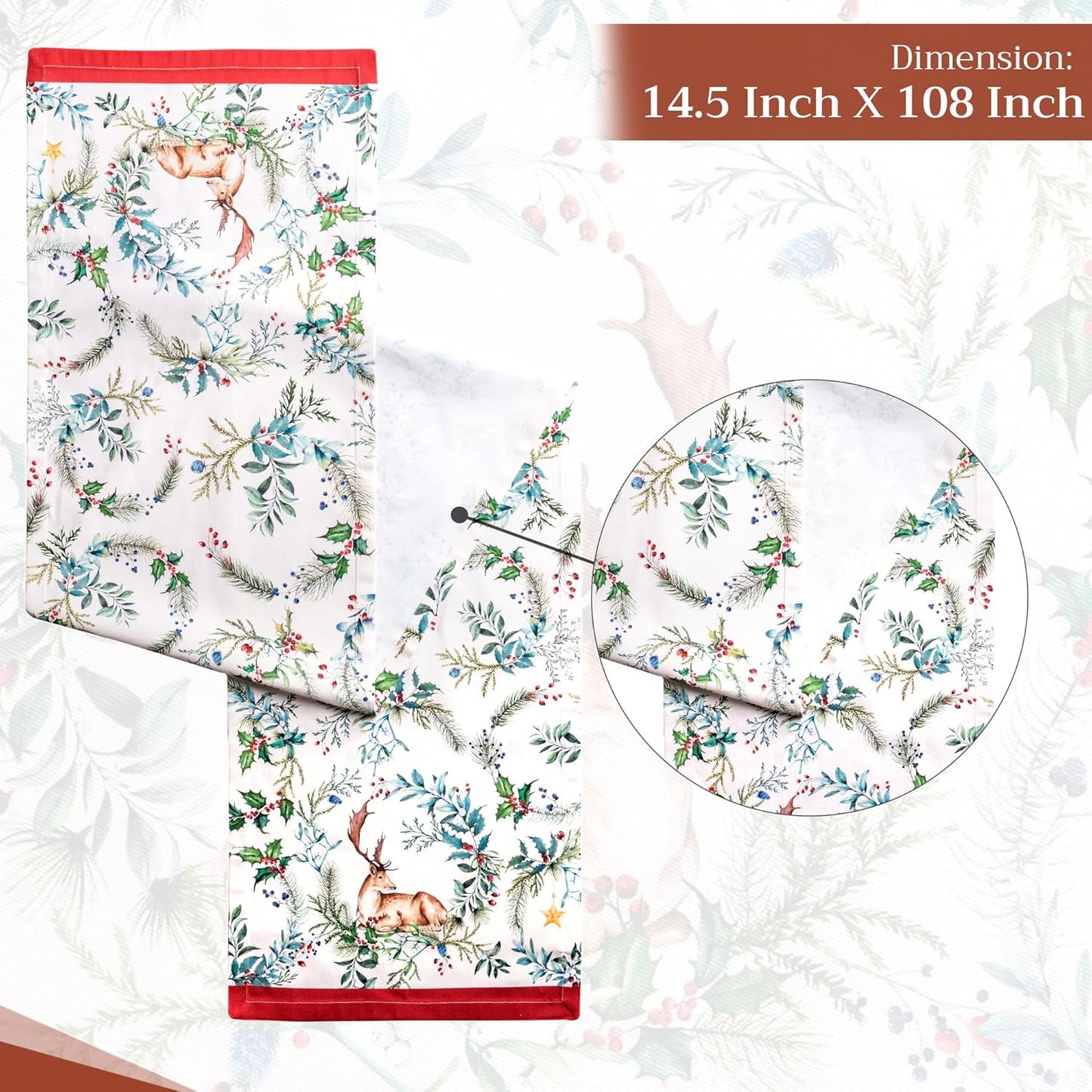 Maison d' Hermine Table Runner 100% Cotton Single Layer Table Runners 108 inches Long for Thanksgiving Christmas Decorations Home Kitchen Dining Party Wedding (Holly Time, 14.5" x 108")