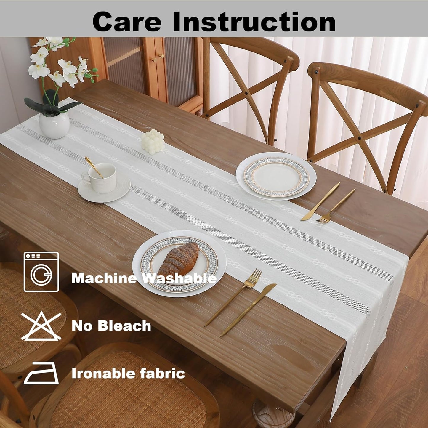 Gernaice Boho Table Runner, Embroidered Cotton Linen Farmhouse Table Runners for Dresser End Coffee Table Home Decor, 36" L X 13" W Cream White