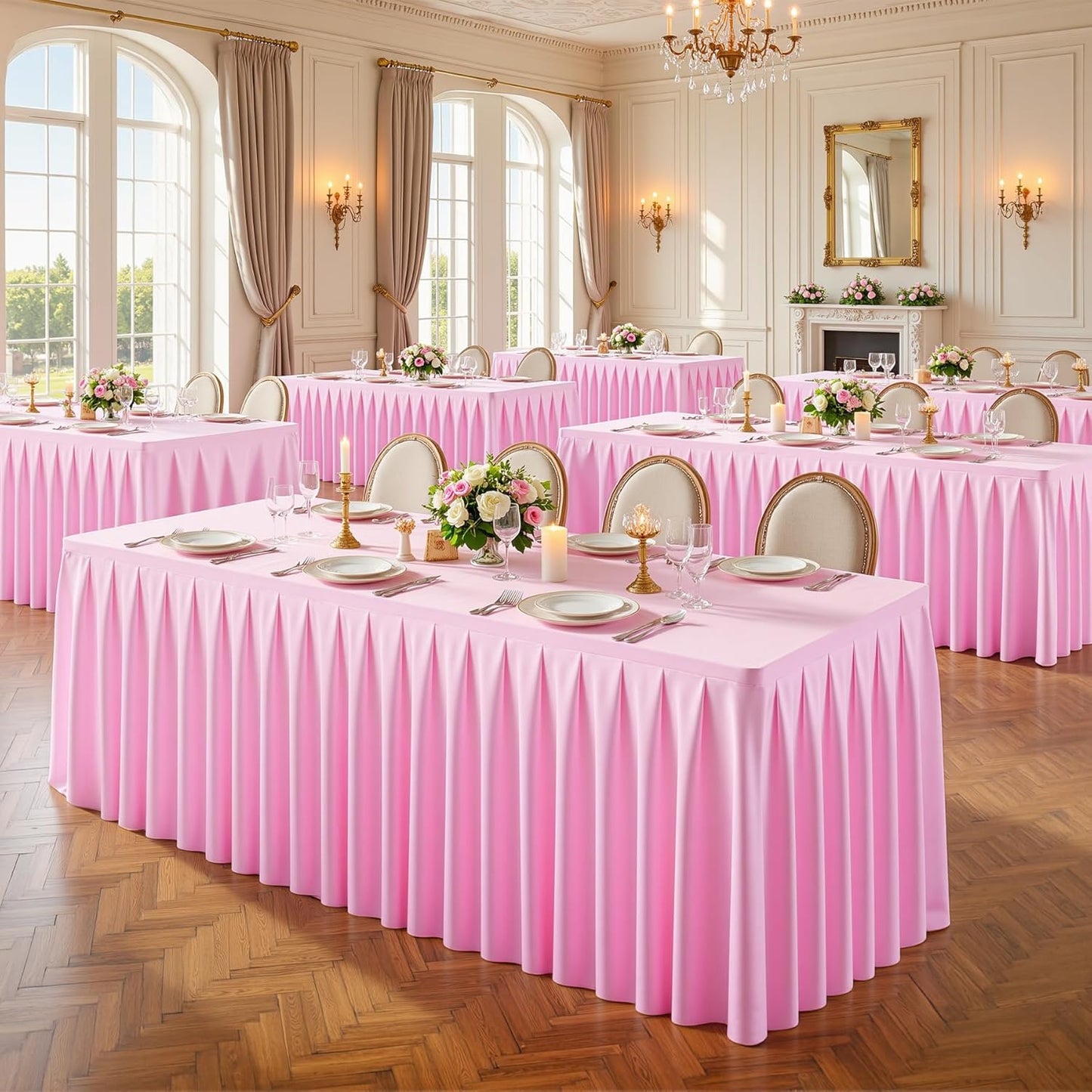 HB HBB MAGIC 6 Pack Pink Tablecloths for 6 Foot Rectangle Tables, Elegant Pleated Table Skirt – Wrinkle Free Stretch Fitted Table Cover for Weddings, Banquets, Birthday Parties & Events