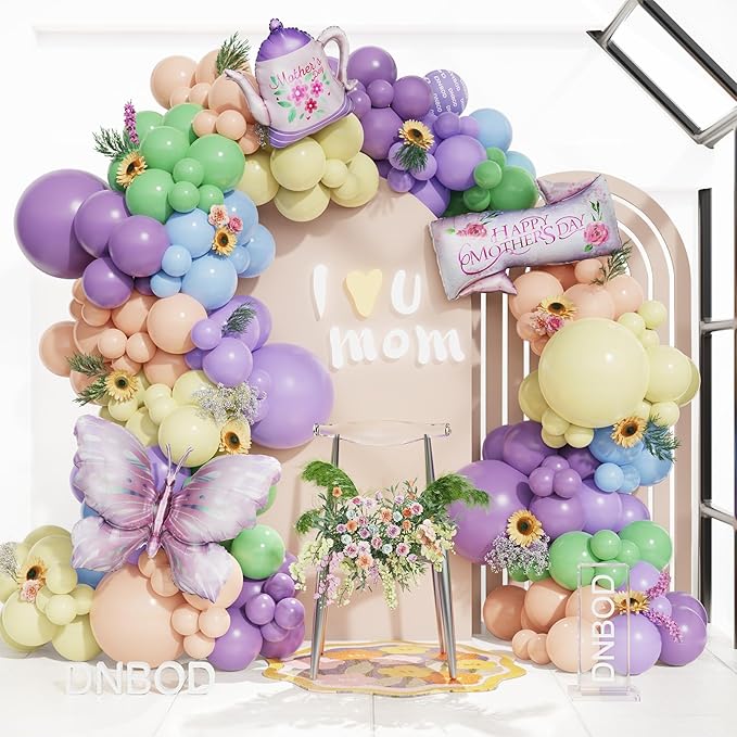 Mothers Day Decoration,160Pcs Pastel Purple Yellow Balloon Garland Arch Kit,with Butterfly,Teapot,Happy Mother's Day Foil Balloons,for Mother's Day Mom Birthday Garden Tea Party Decorations
