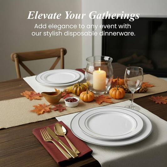 Aya's 100 Silver Rimmed Disposable Dinner and Dessert Plates Set - 50 Large and 50 Small Heavy Duty Plastic Plates - Elegant Design for Weddings, Parties, Events - Durable and Stylish
