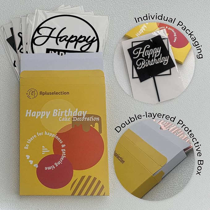6 Pcs Black Happy Birthday Cake Toppers Set, Acrylic Cake Decoration for Birthday Party