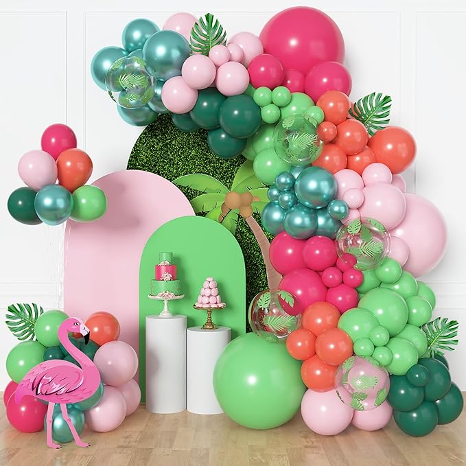 Amandir 153pcs Tropical Balloon Arch Kit, Different Sizes 18 12 10 5 inch Hot Pink Green Orange Palm Leaves Hawaiian Luau Balloons for Summer Aloha Flamingo Birthday Shower Beach Party Decorations