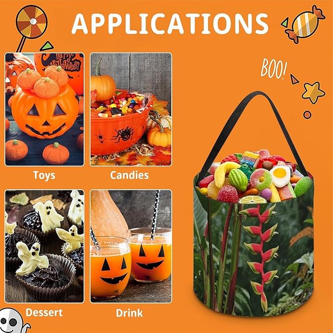 Halloween Candy Bucket - Green Plants in The Tropical Rainforest Trick Or Treat Candy Bag, Gift Bag for Party Favor Supplies